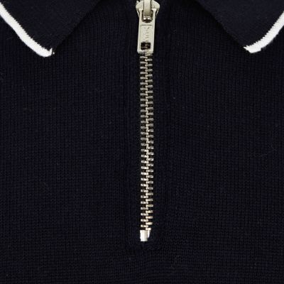 Boys navy knitted zip-up neck polo shirt